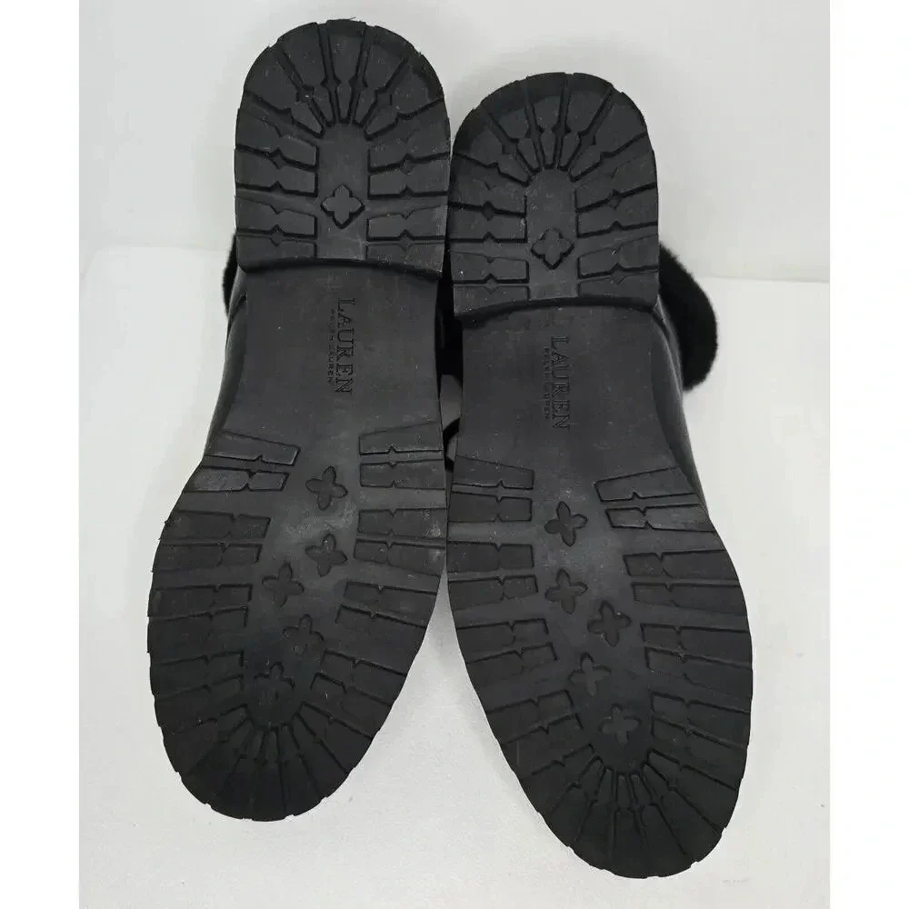 WOMEN'S LAUREN RALPH LAUREN LEATHER TIE ANKLE BOOTS LANESCOT FAUX FUR BLACK 10 B - Picture 9 of 12